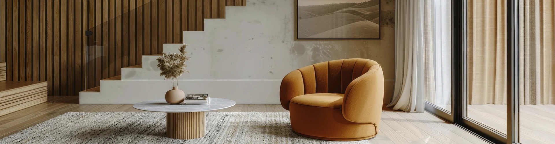 salón con sofá y mesa y escaleras al fondo