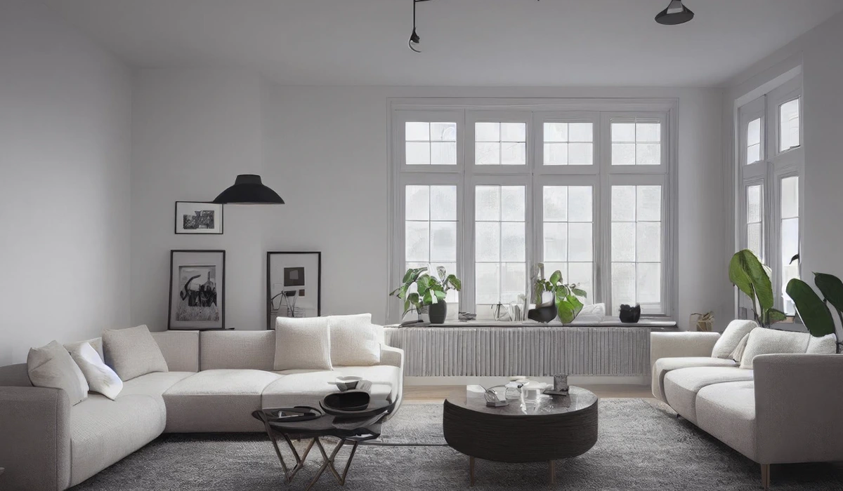 foto salón decorado con muebles y paredes blancas