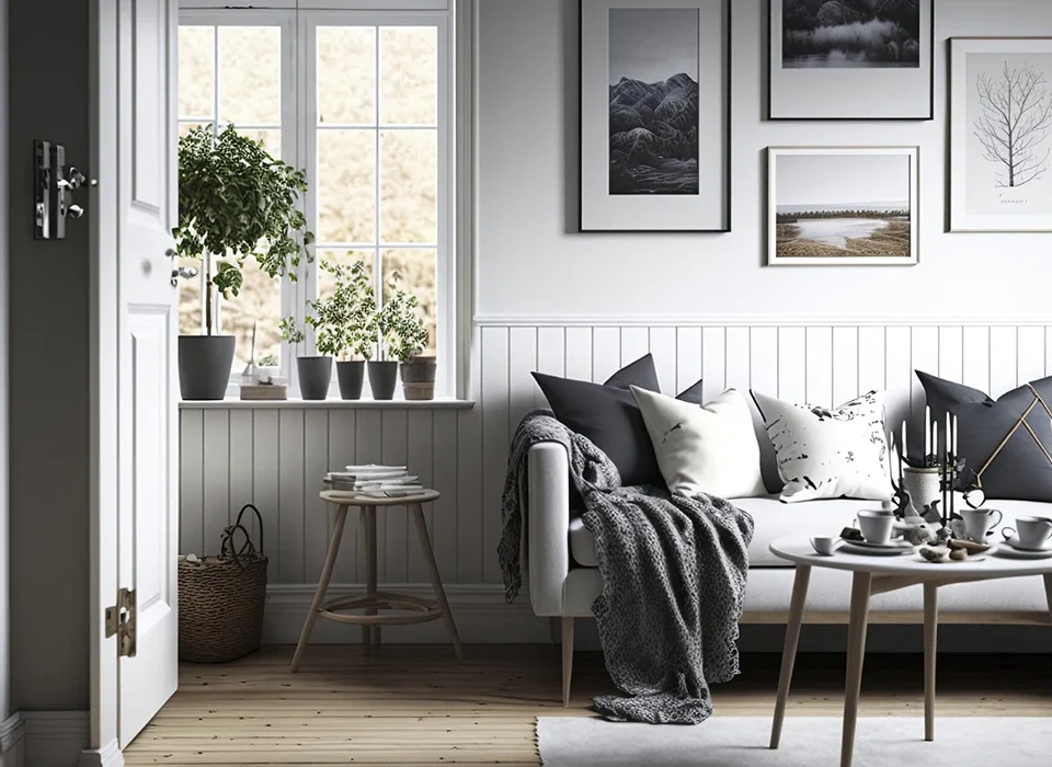 foto salón con sofá y paredes blancas