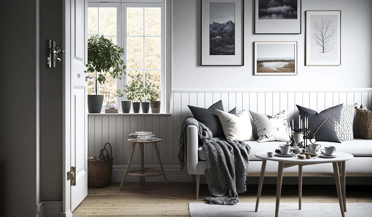 foto salón con sofá y paredes blancas