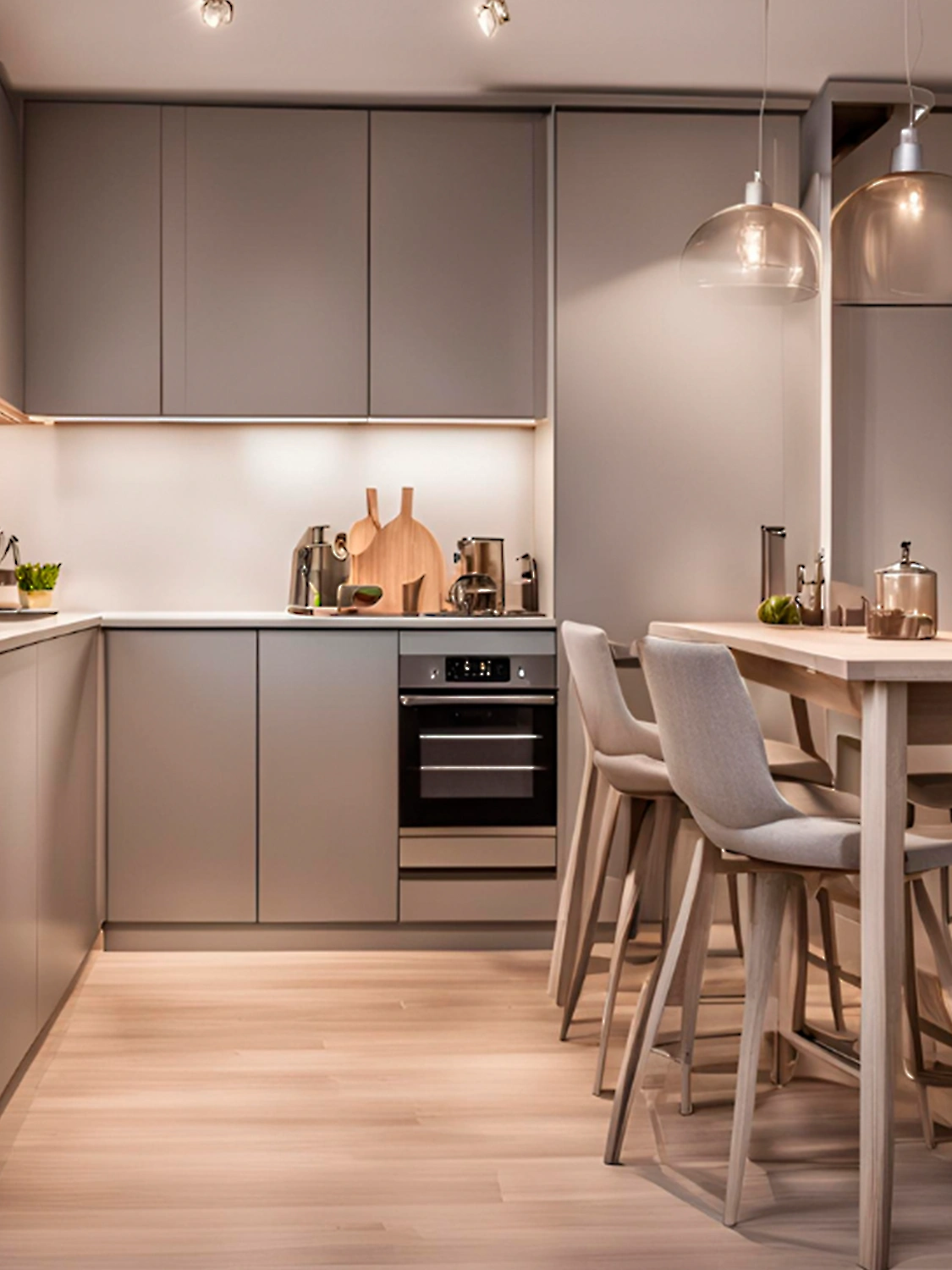 cocina reformada con armarios grises y mesa butacas