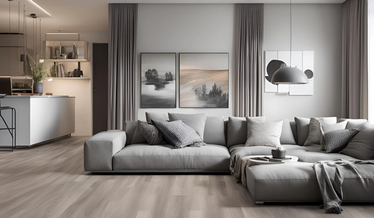 foto de salón con sofá grises y suelo laminado y cuadros