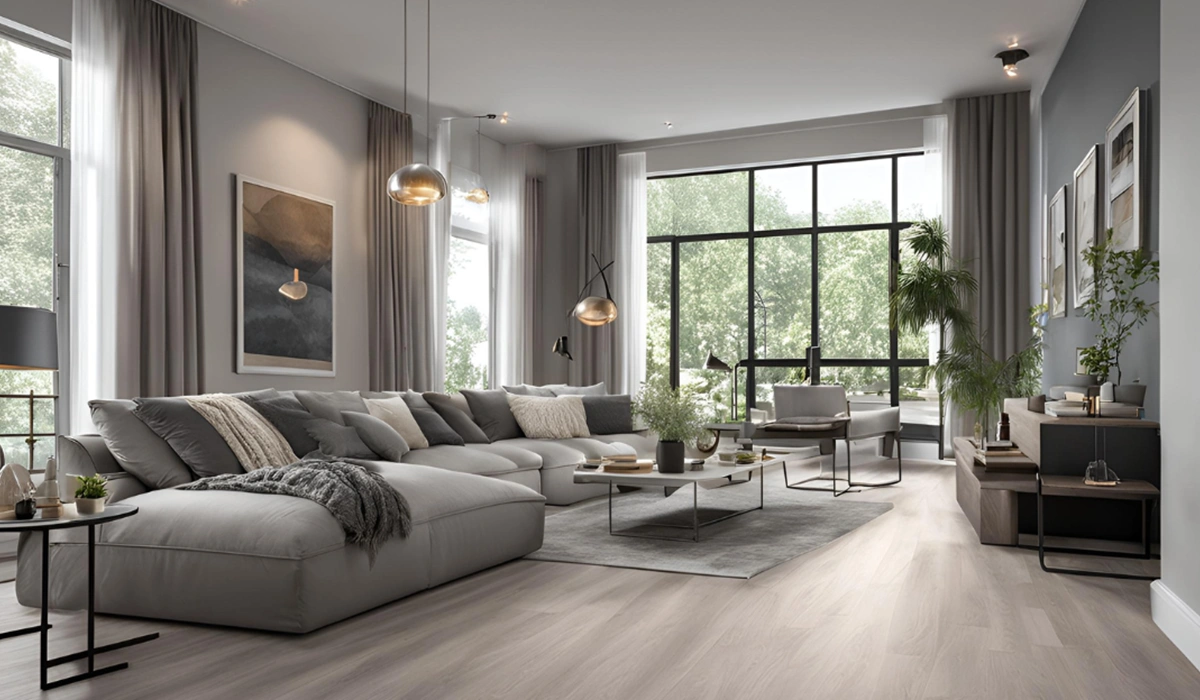 foto de salón con sofá grises y suelo laminado y cuadros