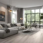 foto de salón con sofá grises y suelo laminado y cuadros