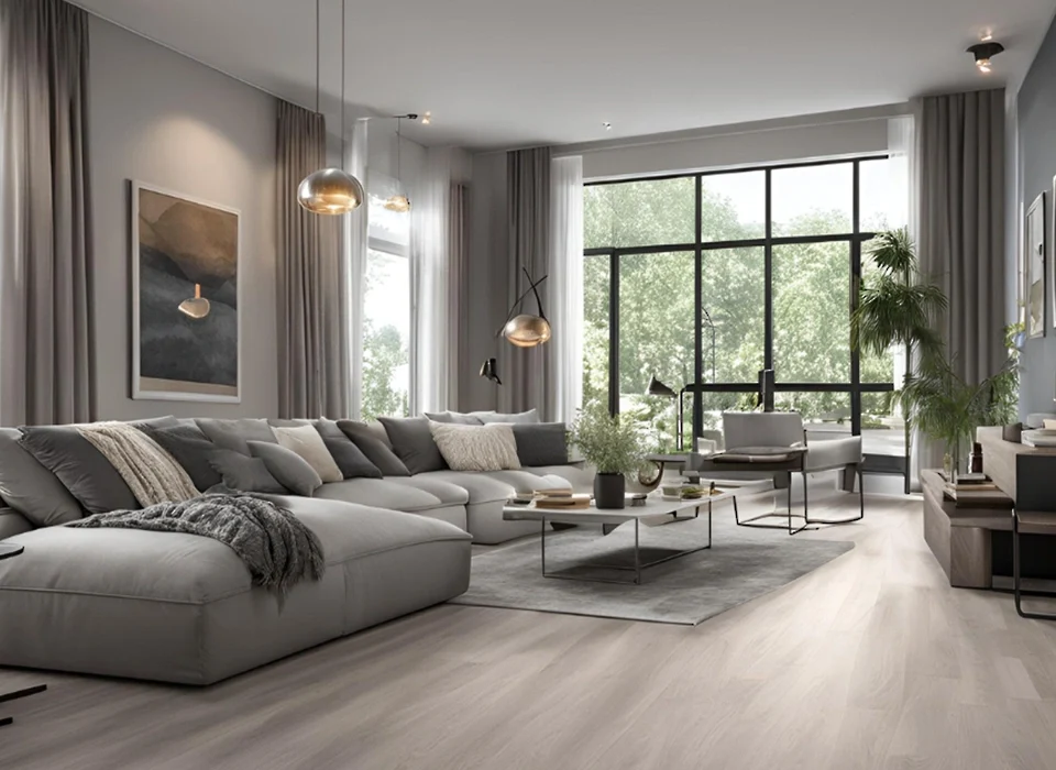 foto de salón con sofá grises y suelo laminado y cuadros