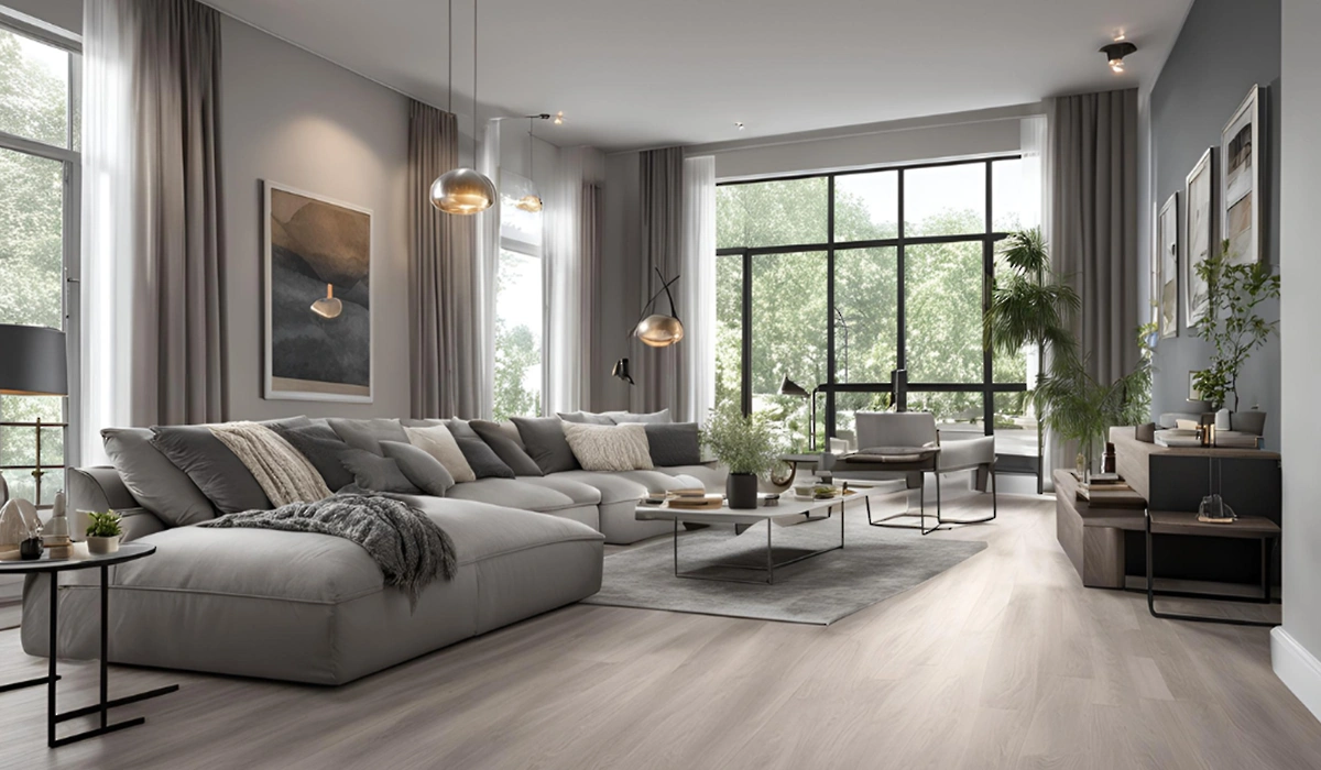 foto de salón con sofá grises y suelo laminado y cuadros
