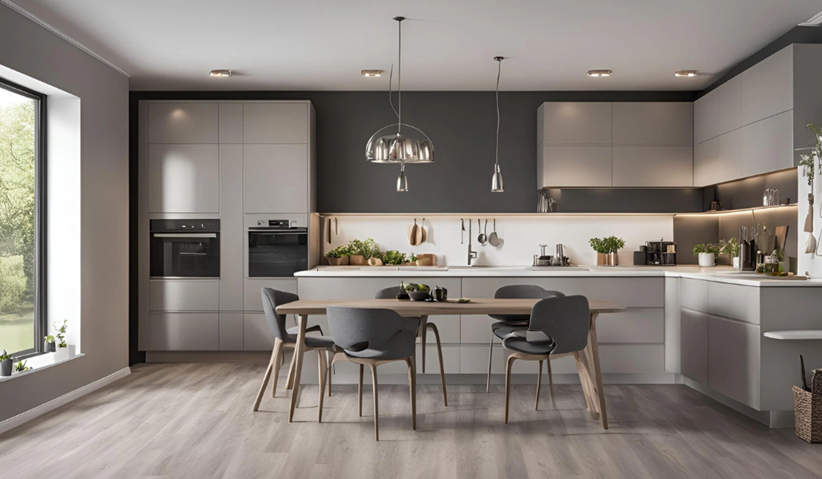 foto de cocina con armarios grises y suelo laminado claro