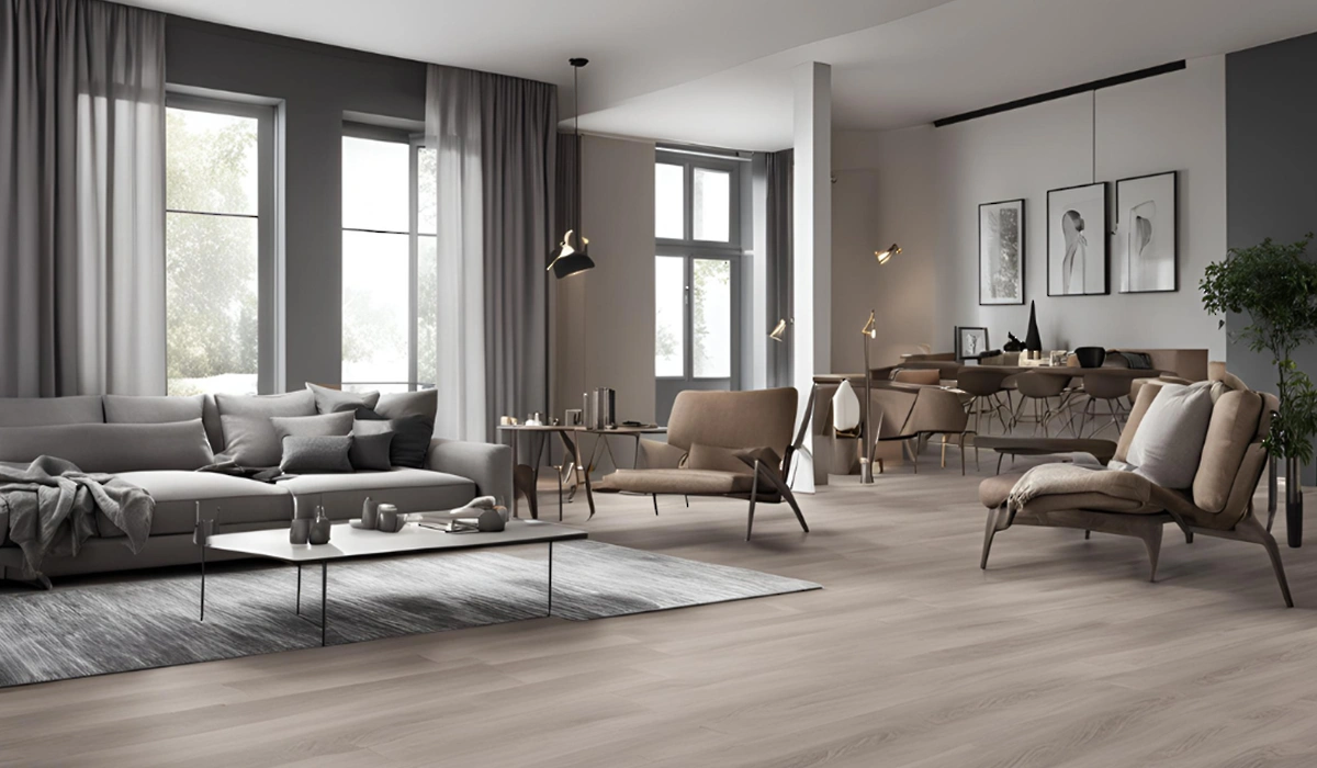 foto de salon con suelo laminado claro